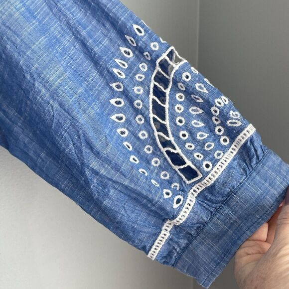 Talbots Tunic Embroidered Blouse Women's 2Xp Blue Cut Outs Tassels Boho India - Picture 13 of 15